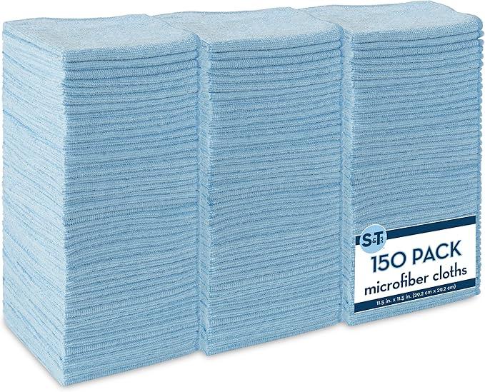 S&T INC. 150 Pack Microfiber Cleaning Cloth, Bulk Towels for Home, Reusable Microfiber Towels for Cars, Cleaning Rags, Light Blue, 11.5 Inches x 11.5 Inches, 150 Count - NeatNest