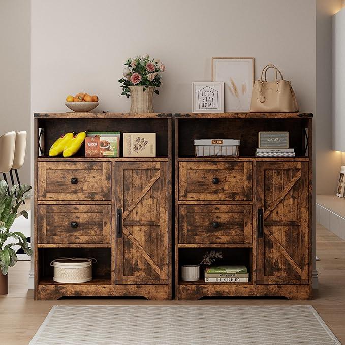 Fameill Farmhouse Storage Cabinet with 2 Drawers & Shelves,Freestanding Kitchen Cabinet with Doors,Floor Storage Organization for Living Room,Bathroom,Laundry,Brown - NeatNest
