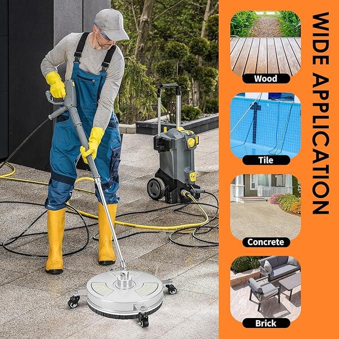 14" Pressure Washer Surface Cleaner, Stainless Steel Power Pressure Washer Attachment for Concrete, Patio, Driveway, Deck Cleaning, 2 Extension Wand Accessories, 1/4" Quick Connect, 4000 PSI - NeatNest