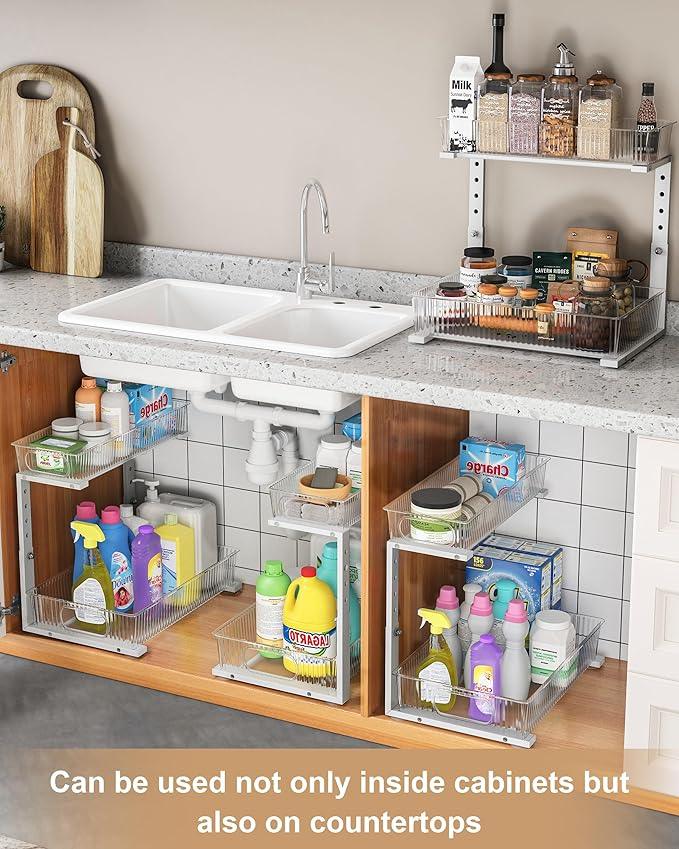 UMDONX Under Sink Organizer 2-Pack Adjustable Bathroom Under Sink Pull-Out Organizer with 5 Adjustable Heights for Kitchen, Bathroom & Laundry Storage - NeatNest