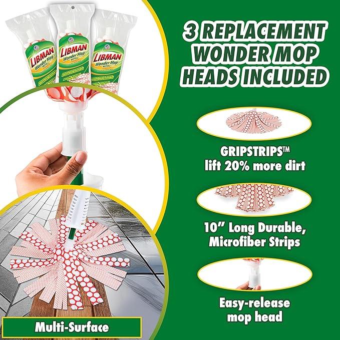 Libman Wonder Mop Plus 3 Refills, Self-Wringing, Absorbent, Microfiber Floor Mop for Household Multi-Surface Cleaning, 3 Machine Washable Replacement Heads - NeatNest