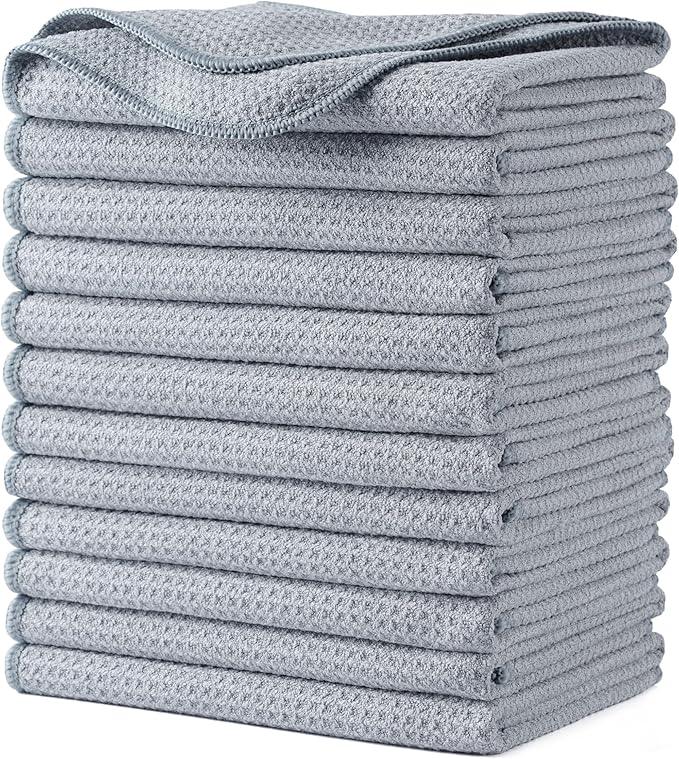 POLYTE Premium Microfiber Kitchen Dish Hand Towel Waffle Weave 12 Pack (16x28 in, Gray) - NeatNest