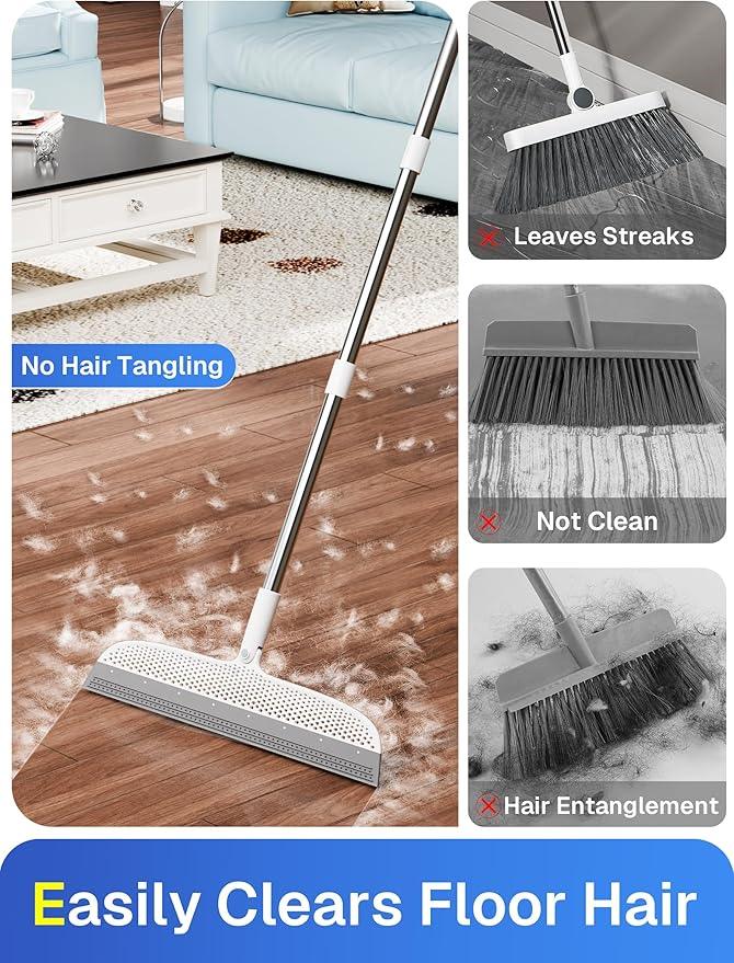 Silicone Floor Squeegee & Broom – Long Handle Hair Remover for Water, Pet Hair – for Bathroom, Tile, Concrete, Garage, Deck, Glass – Indoor Outdoor Cleaning Tool – White - NeatNest