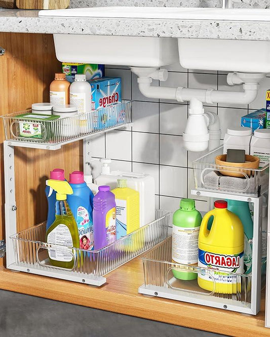 UMDONX Under Sink Organizer 2-Pack Adjustable Bathroom Under Sink Pull-Out Organizer with 5 Adjustable Heights for Kitchen, Bathroom & Laundry Storage - NeatNest