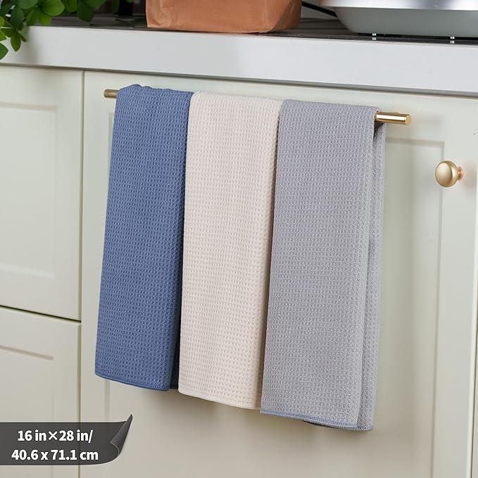 POLYTE Premium Microfiber Kitchen Dish Hand Towel Waffle Weave 12 Pack (16x28 in, Dark Blue, Gray, Off White) - NeatNest