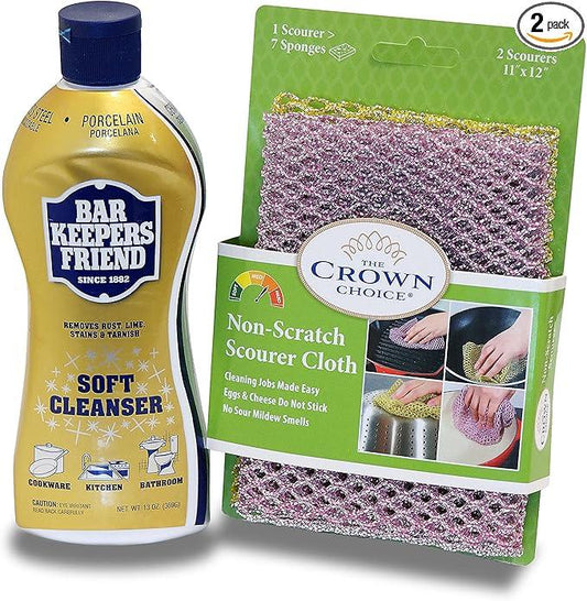 BAR KEEPERS FRIEND Soft Cleanser Liquid (13 OZ) and Non Scratch Scouring Scrubber Kit | Multipurpose, Stainless Steel, Rust, Soft Cleaner with Heavy Duty Non Scratch DishCloth - NeatNest