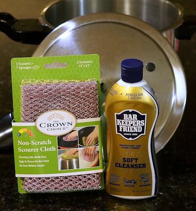 BAR KEEPERS FRIEND Soft Cleanser Liquid (13 OZ) and Non Scratch Scouring Scrubber Kit | Multipurpose, Stainless Steel, Rust, Soft Cleaner with Heavy Duty Non Scratch DishCloth - NeatNest